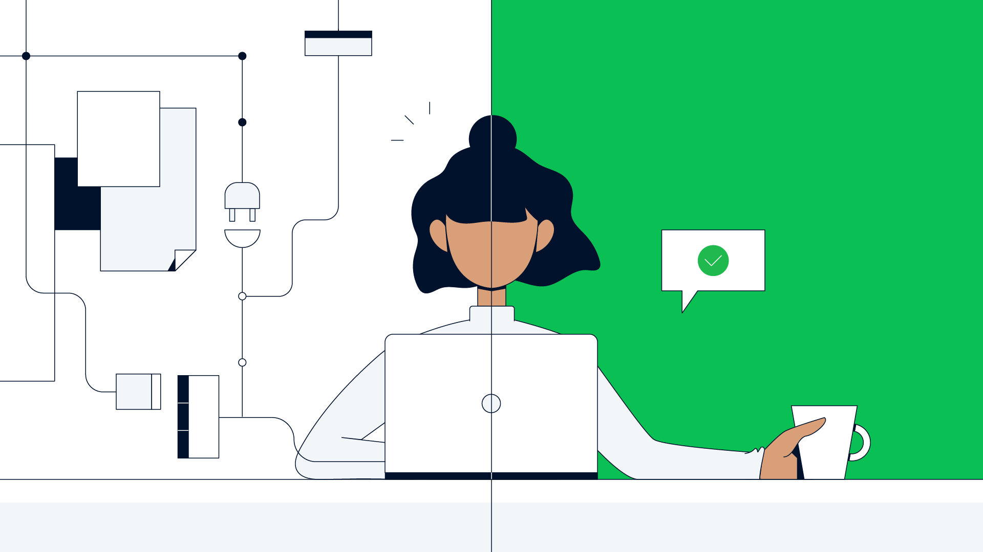 Stylized representation of a person at a desk with abstract technology and communication elements