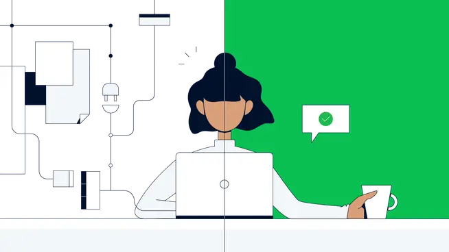 Stylized representation of a person at a desk with abstract technology and communication elements.