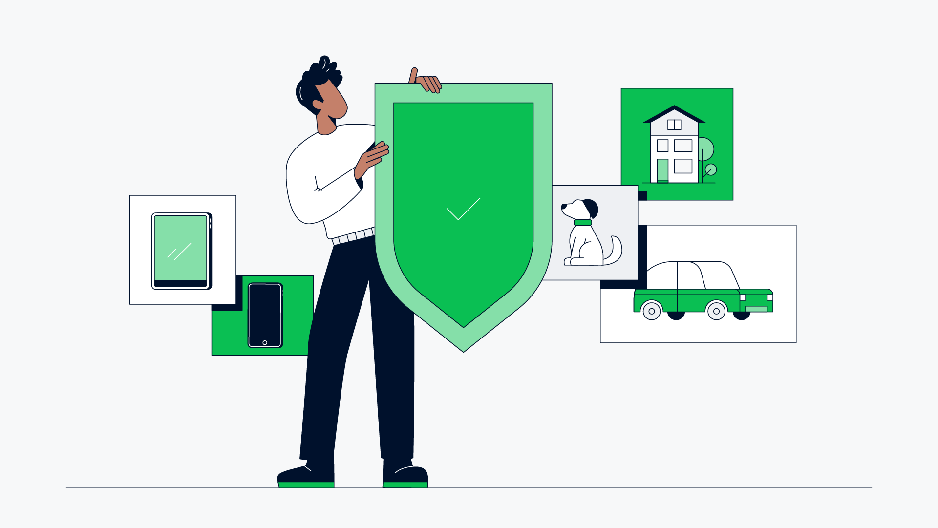 Man houdend een groot schild met een vinkje, omringd door iconen die veiligheid vertegenwoordigen.