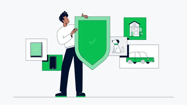 Hombre sosteniendo un gran escudo con una marca de verificación, rodeado de iconos que representan seguridad.