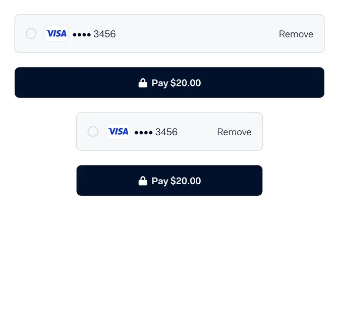 Adyen UI showing Visa payment option with a 'Pay $20.00' button.