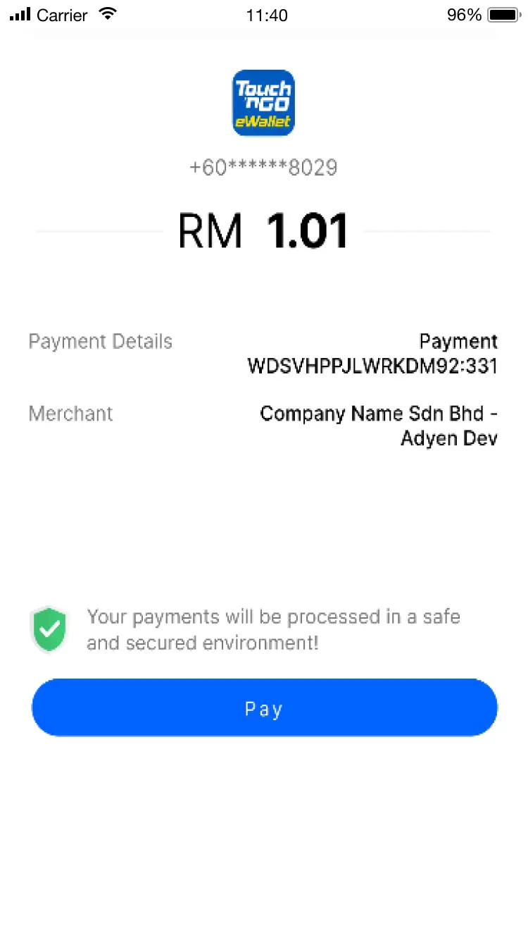 Mobile payment screen showing transaction amount and merchant details with Adyen integration.