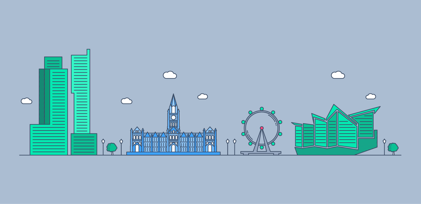 Stylized city skyline with various buildings and a Ferris wheel.