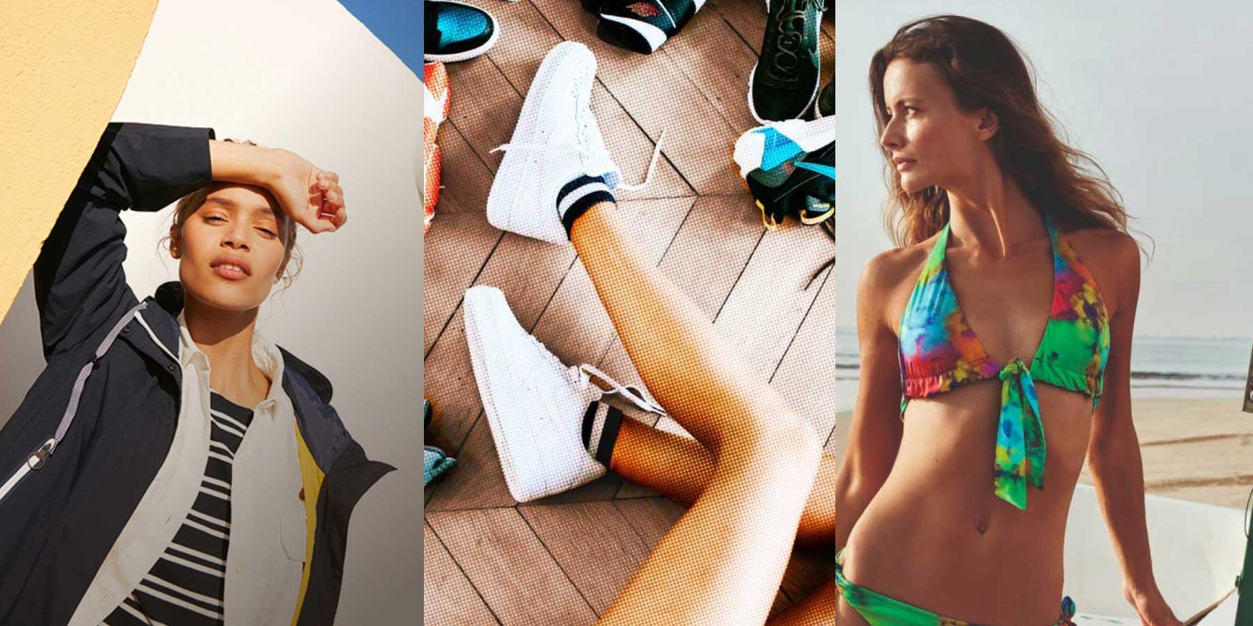 Un collage de trois mannequins en differents tenues pour la publicite de mode.