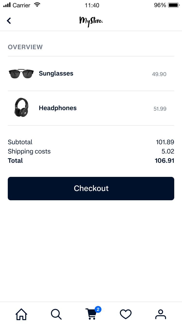 Mobile screen showing checkout page with two products in the cart and total cost