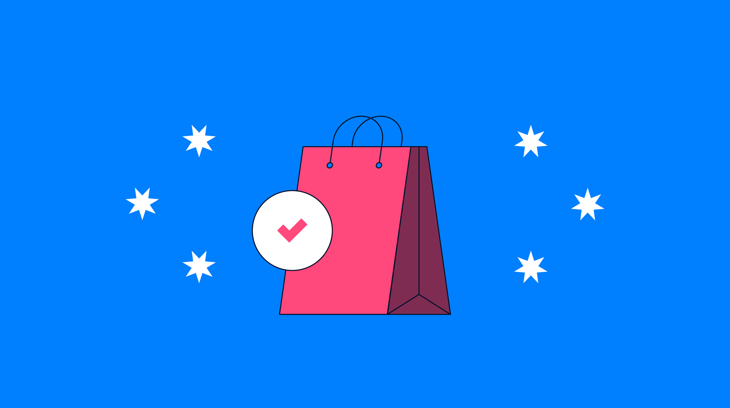 Red shopping bag with a checkmark icon on a blue background with white stars.