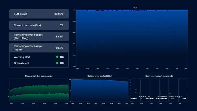 Dashboard displaying SLO target, current burn rate, error budgets, and throughput over time.