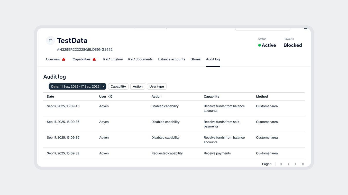 Screenshot of an internal Adyen dashboard showing audit logs and transaction details.