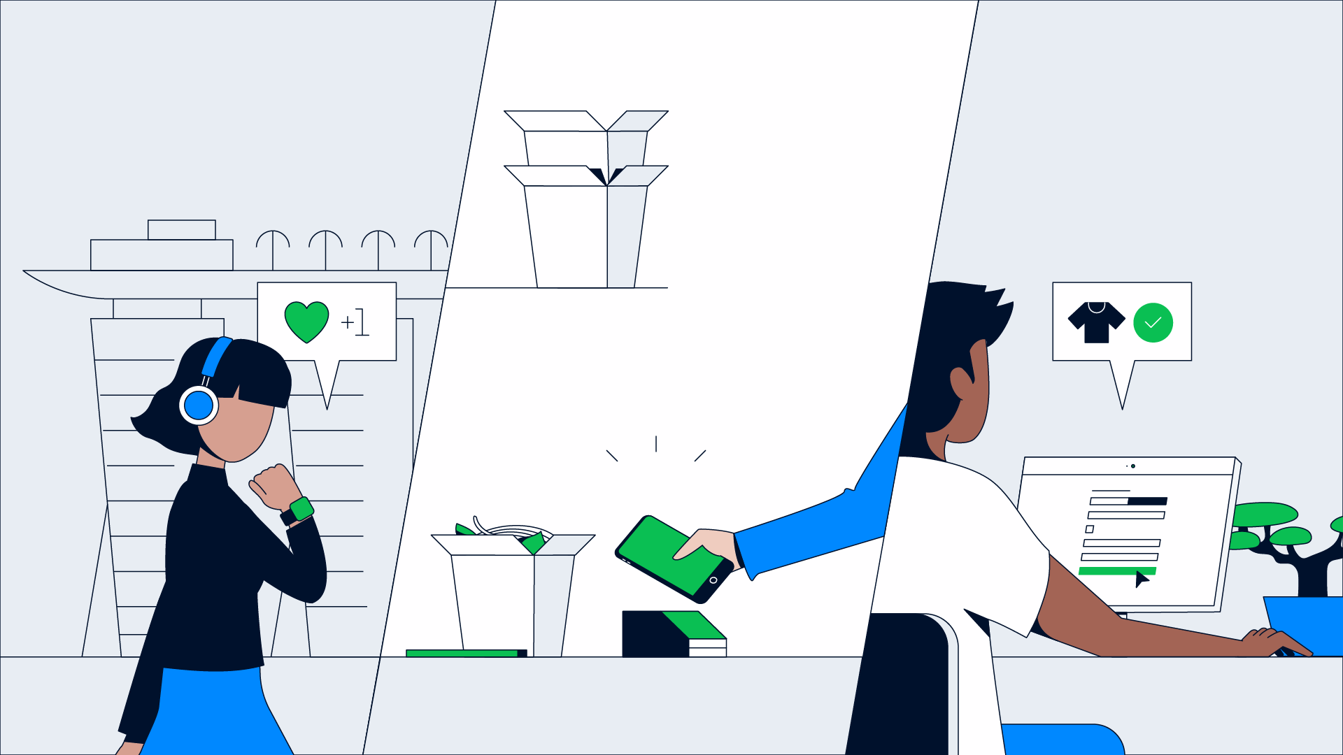 Two people engaging with Adyen payment terminals and interfaces.