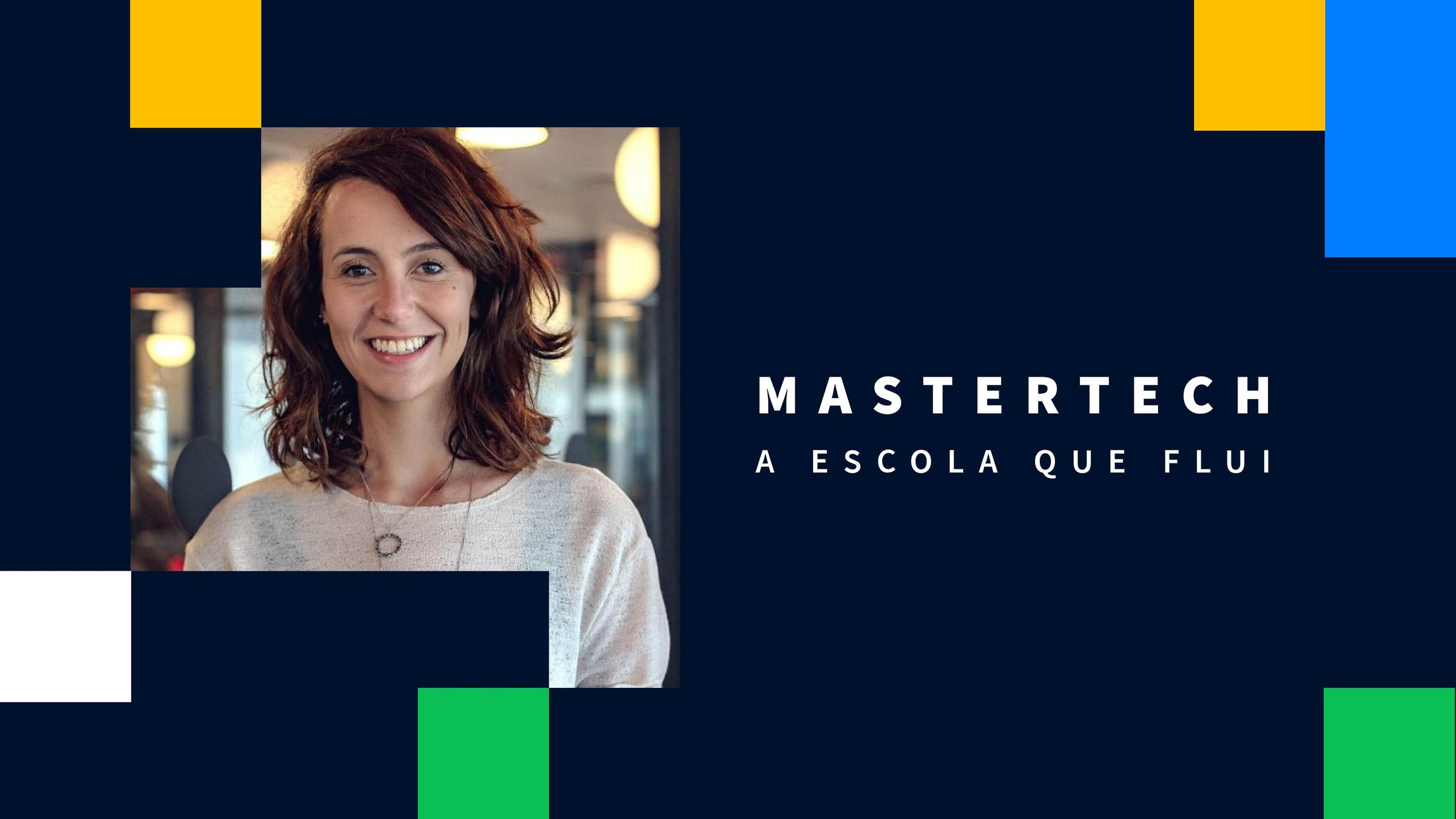 Mulher sorrindo com banner Mastertech em fundo gráfico