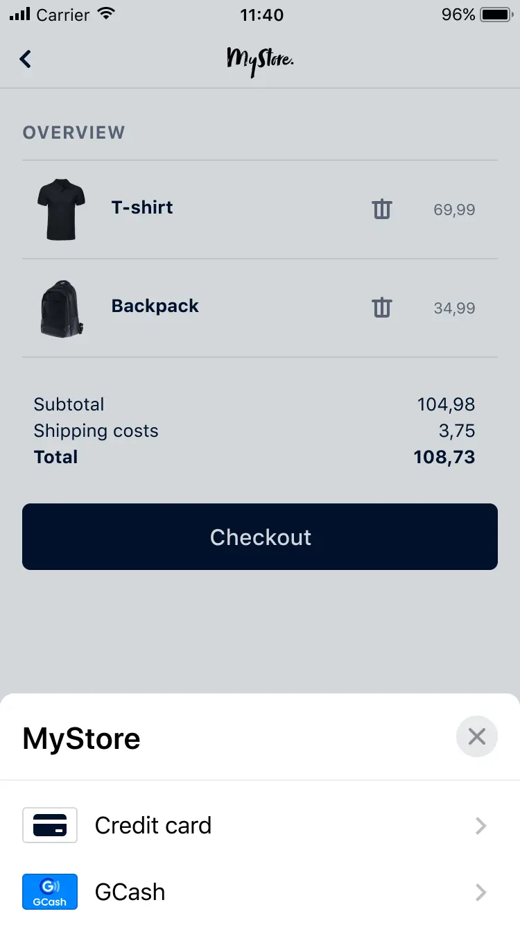 Mobile shopping cart screen showing items for purchase, with a checkout button and payment options including credit card and GCash.