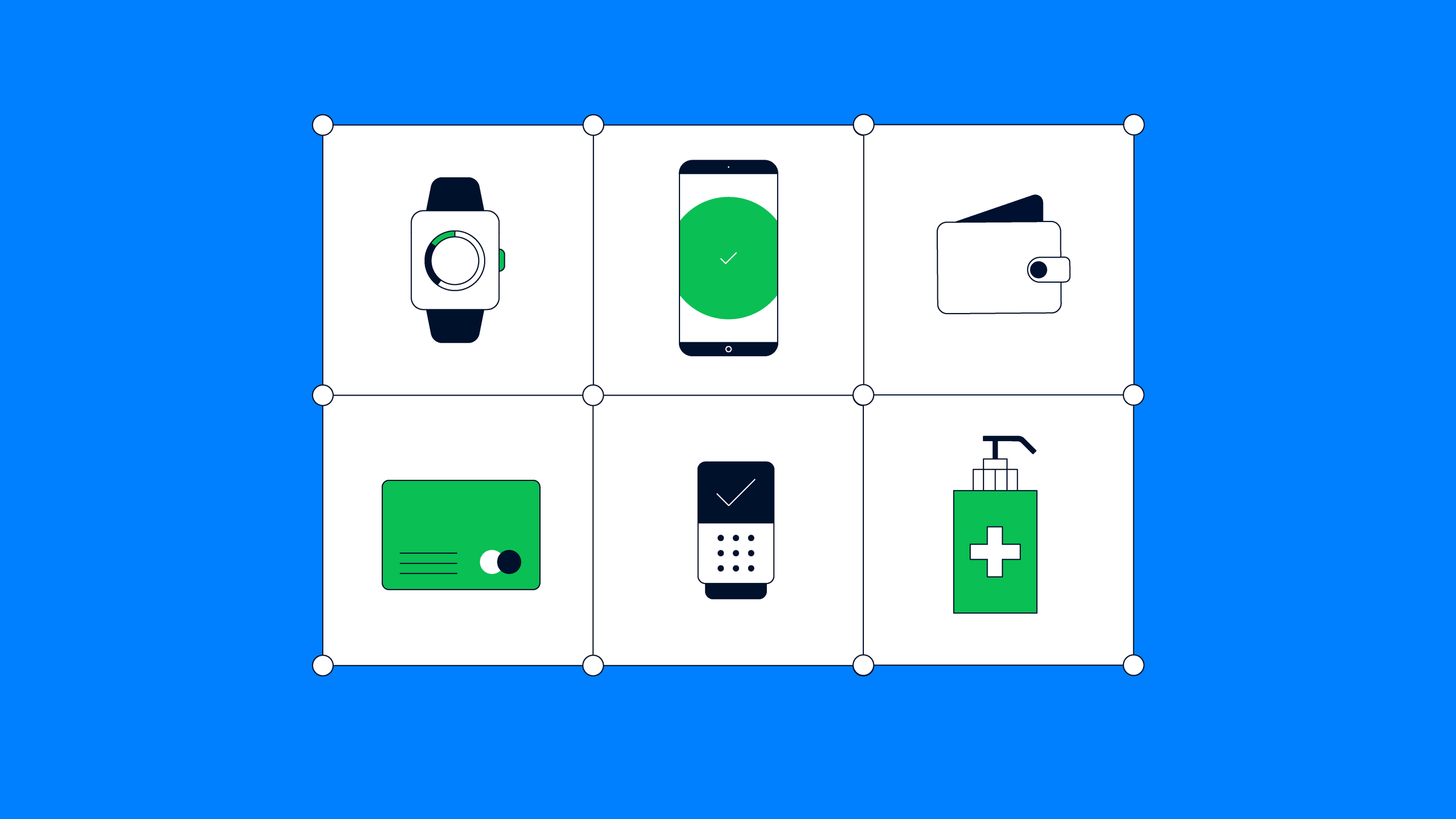 Colección de seis símbolos que representan diferentes métodos de pago, incluyendo smartwatch, smartphone, billetera, tarjeta de crédito, teclado y desinfectante.