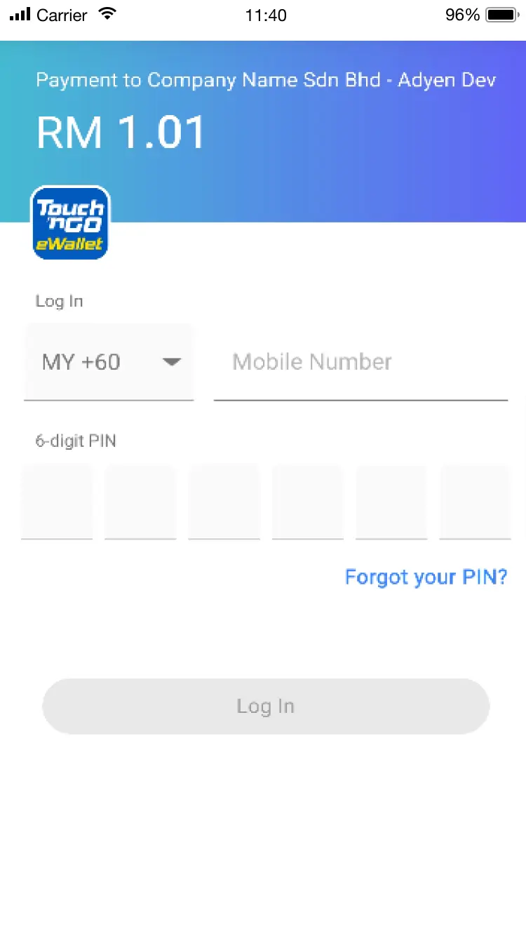 Mobile payment screen displaying payment to a company with fields for mobile number and PIN entry.