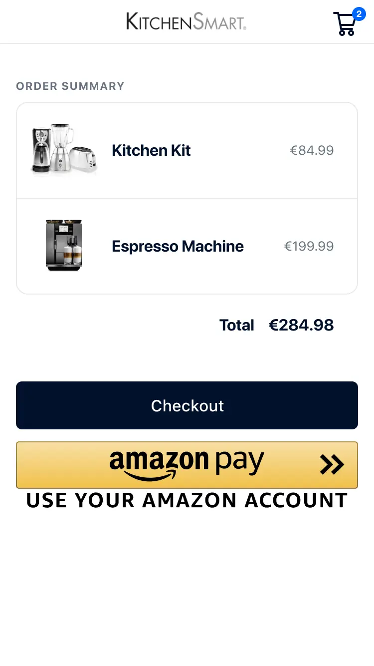 Online shopping cart summary showing a Kitchen Kit and Espresso Machine with an Amazon Pay checkout button