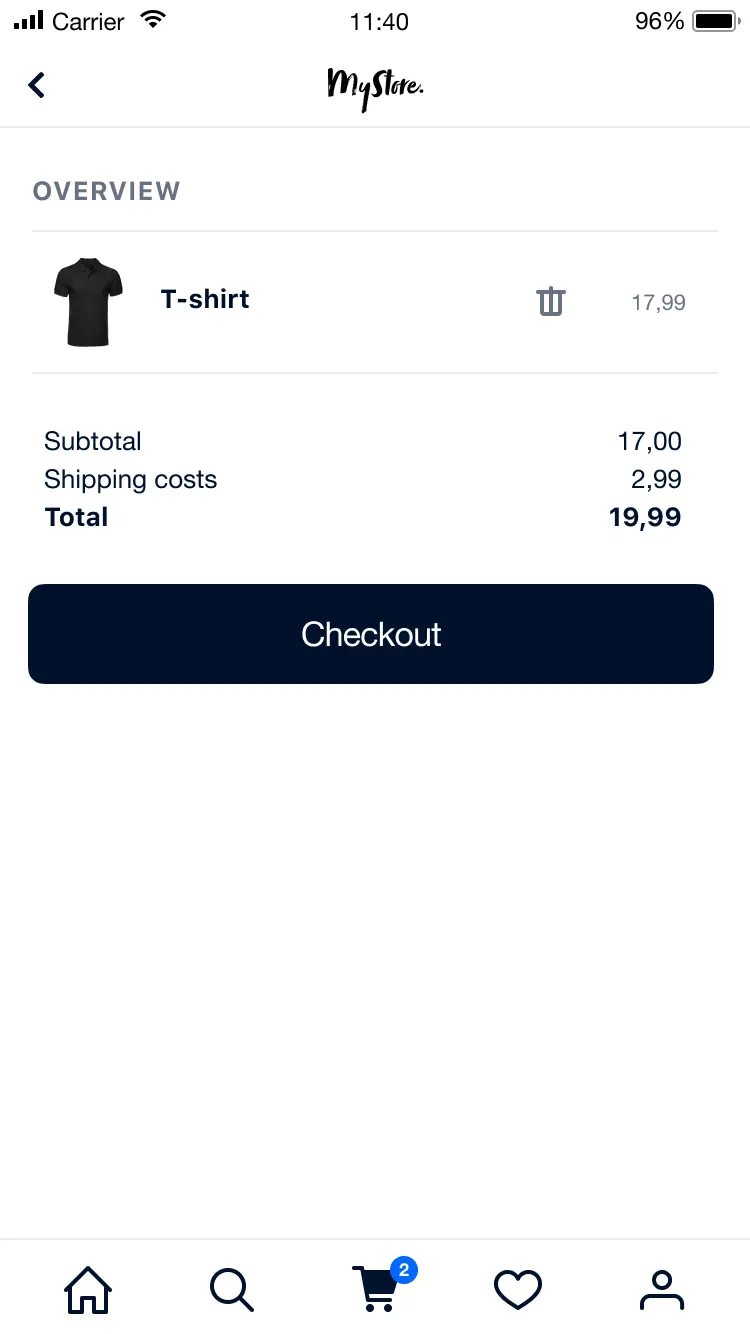 Mobile online store checkout screen with a black T-shirt order and a checkout button.