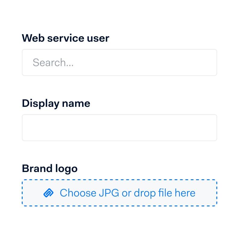 User interface for uploading a brand logo with search and display name fields.