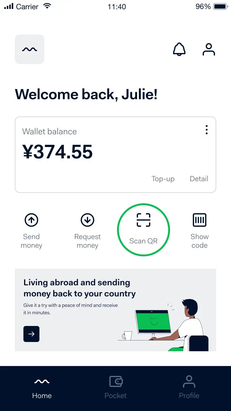 The consumer selects the Scan button in their wallet app.