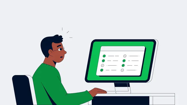 An illustration of a man sitting in front of a computer