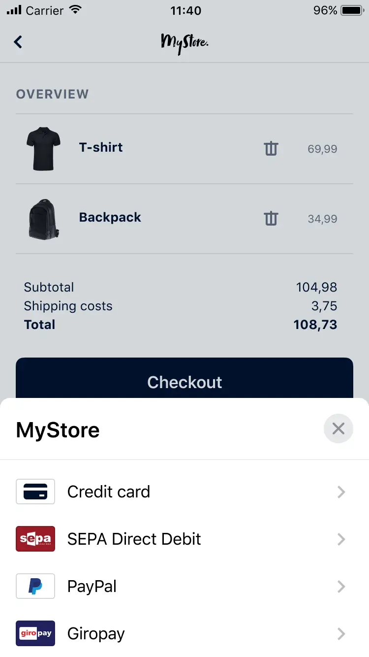 Checkout screen on a mobile app showing a T-shirt, a backpack, prices, and various payment methods including credit card and PayPal.