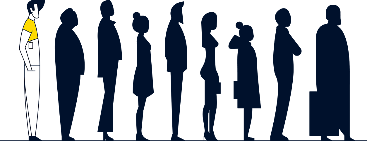 Contornos de personagens em uma longa fila