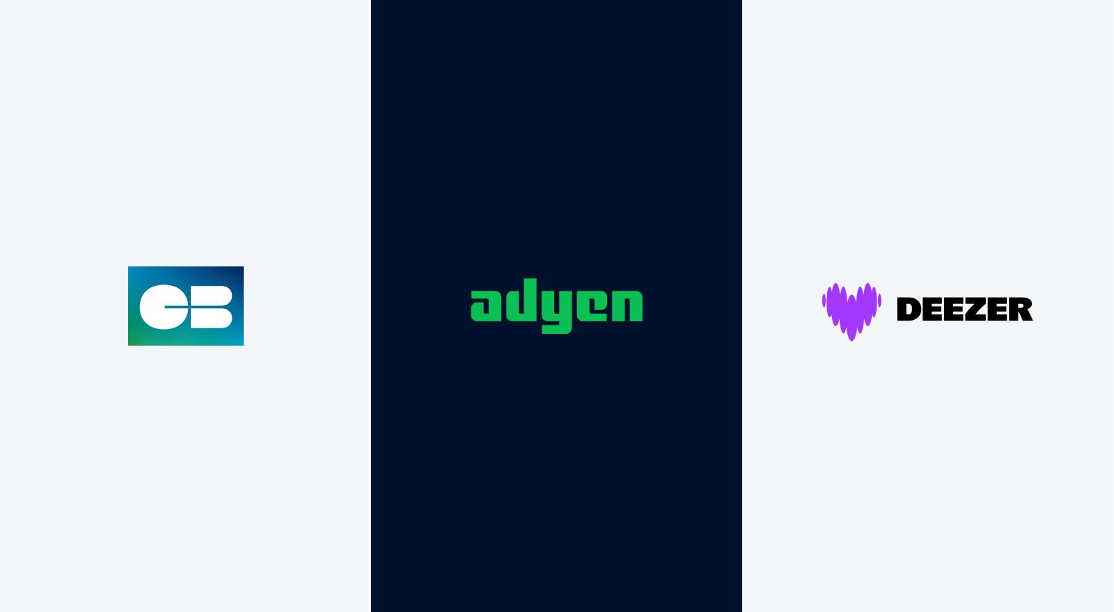 Trois logos alignés avec celui d'Adyen au centre entouré d'autres sur des fonds sombres.