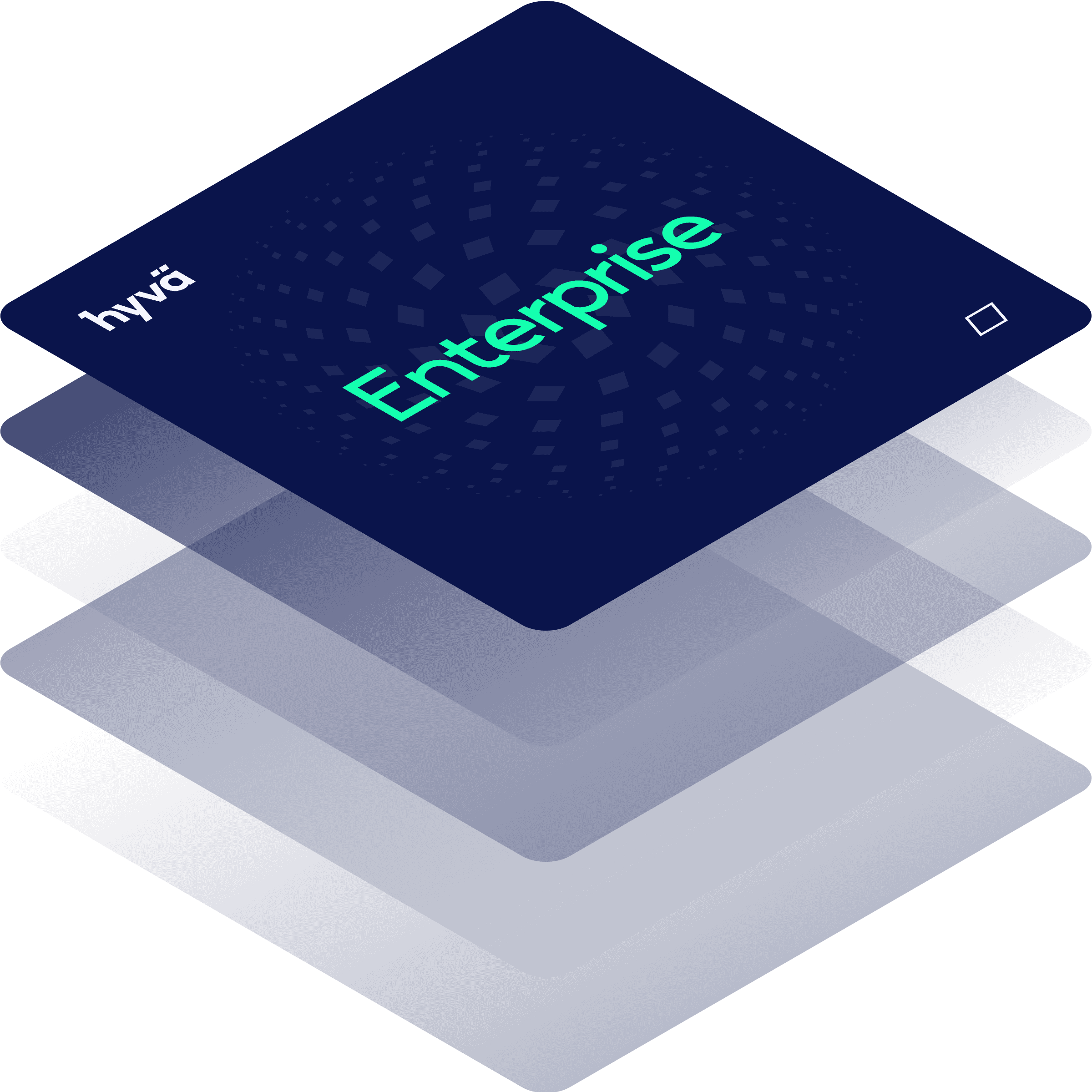 Stapel van kaarten met 'hyva' en 'Enterprise' tekst, suggereert een gestructureerd zakelijk aanbod