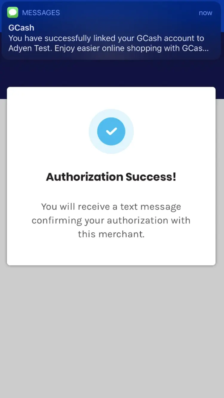 GCash account successfully linked to Adyen Test confirmation screen with checkmark.