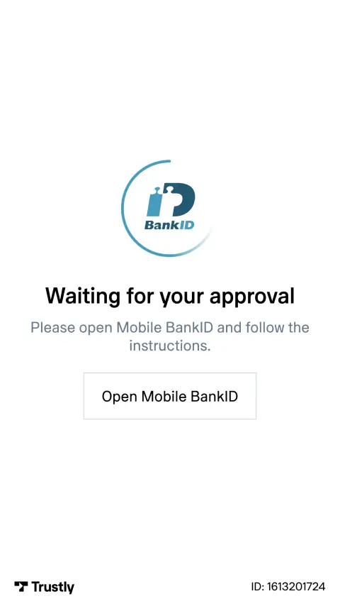 Screen displaying BankID logo with 'Waiting for your approval' message and a button saying 'Open Mobile BankID'.