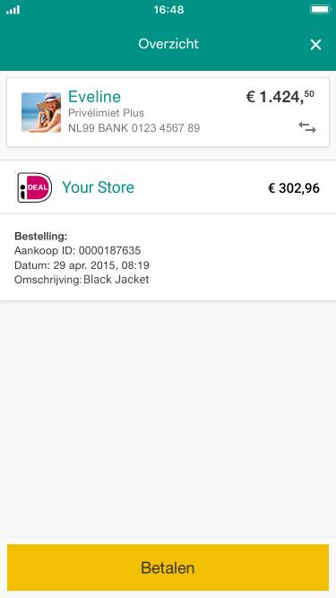 Schermo di pagamento mobile che mostra i dettagli della transazione con opzione di pagamento Adyen iDEAL