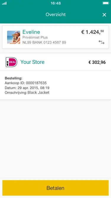 Mobile payment screen showing transaction details with an Adyen iDEAL payment option.