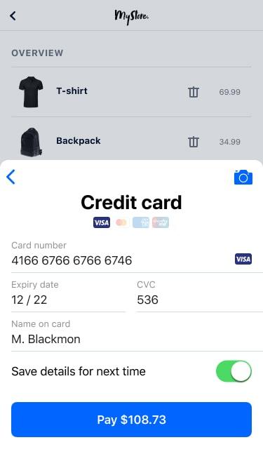 Mobile screen showing a checkout page with credit card payment option and a total of $108.73 due.