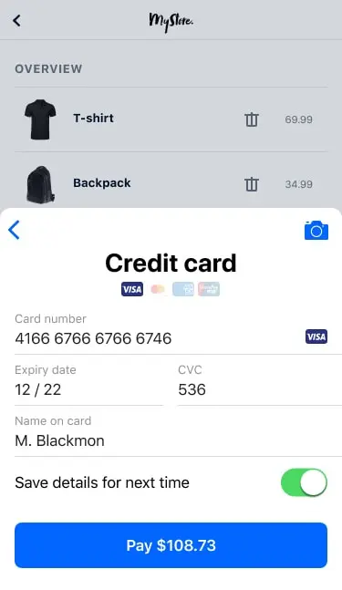 Mobile screen showing a checkout page with credit card payment option and a total of $108.73 due.