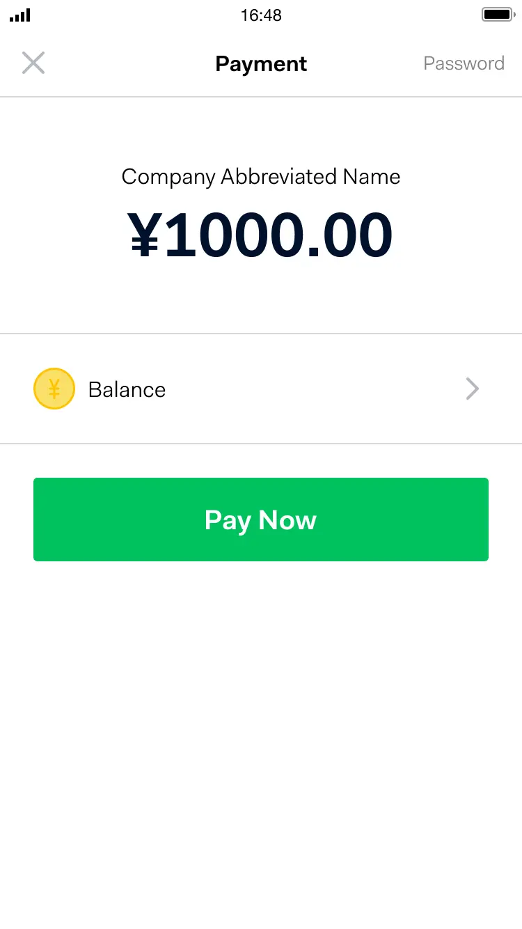 Mobile payment screen showing a balance of 1000 Yen and a 'Pay Now' button.