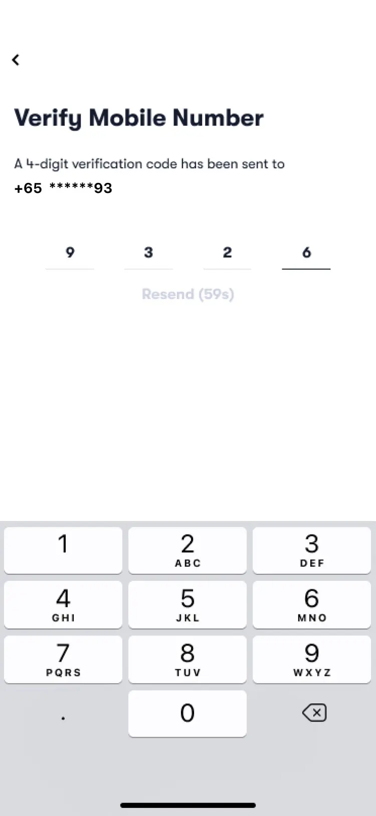 Mobile number verification screen with an input field for a 4-digit code and a numeric keypad.