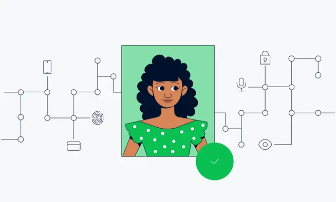 Personaje femenino estilizado con iconos de red y seguridad que representan el ecosistema de transacciones seguras de Adyen.