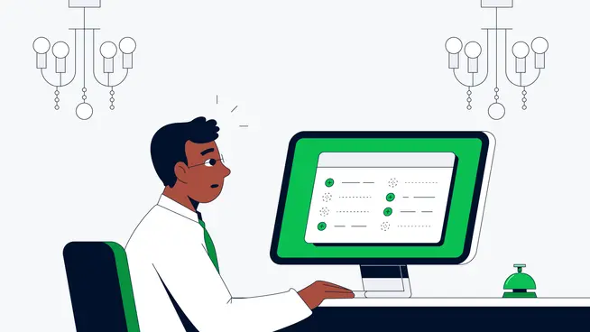 Illustration of a man working on computer with Adyen interface on screen.