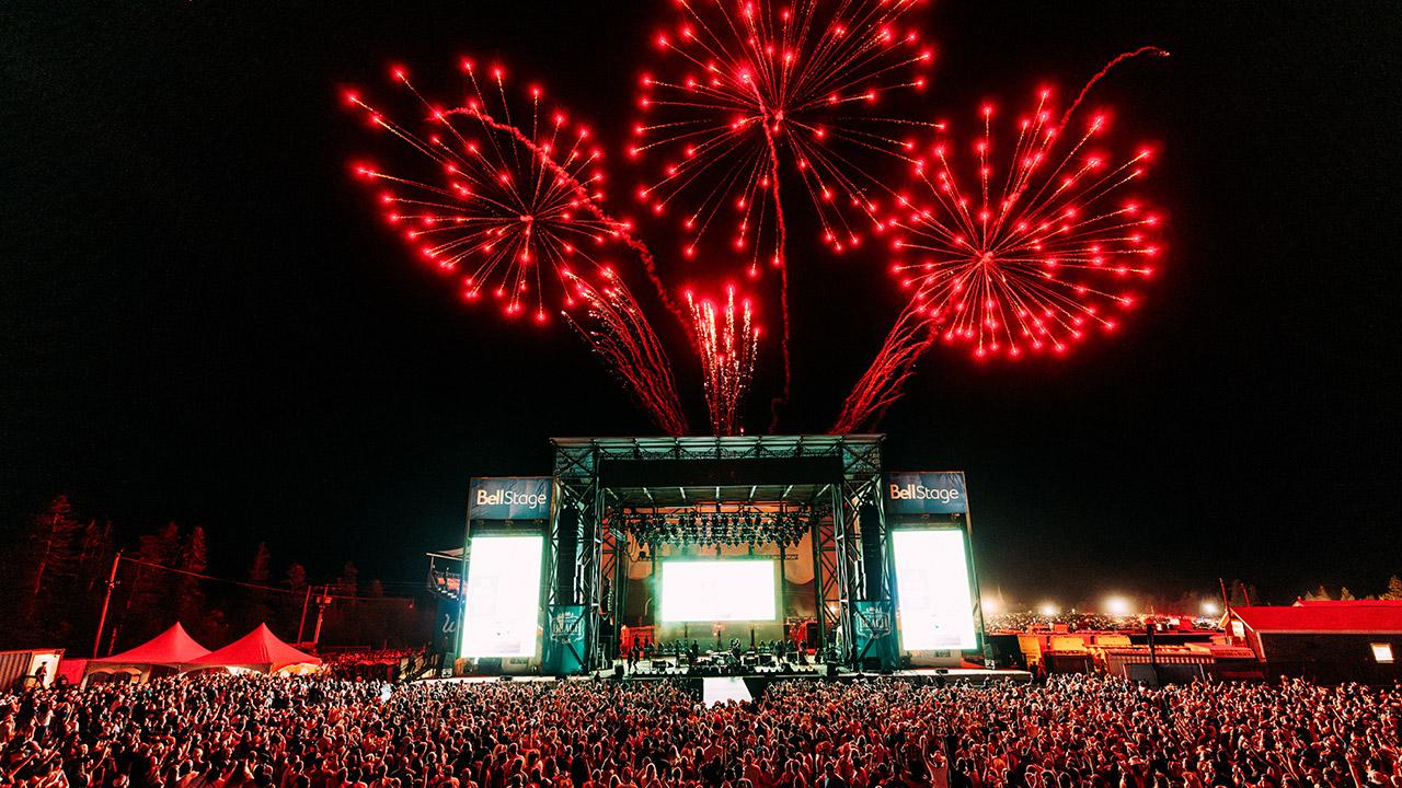 Photo of people at a concert with fireworks