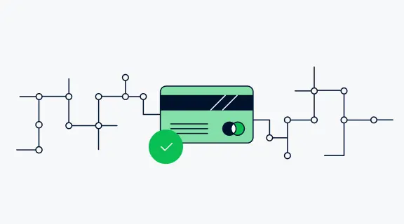 Graphic representation of a successful transaction with a stylized green checkmark over a credit card.