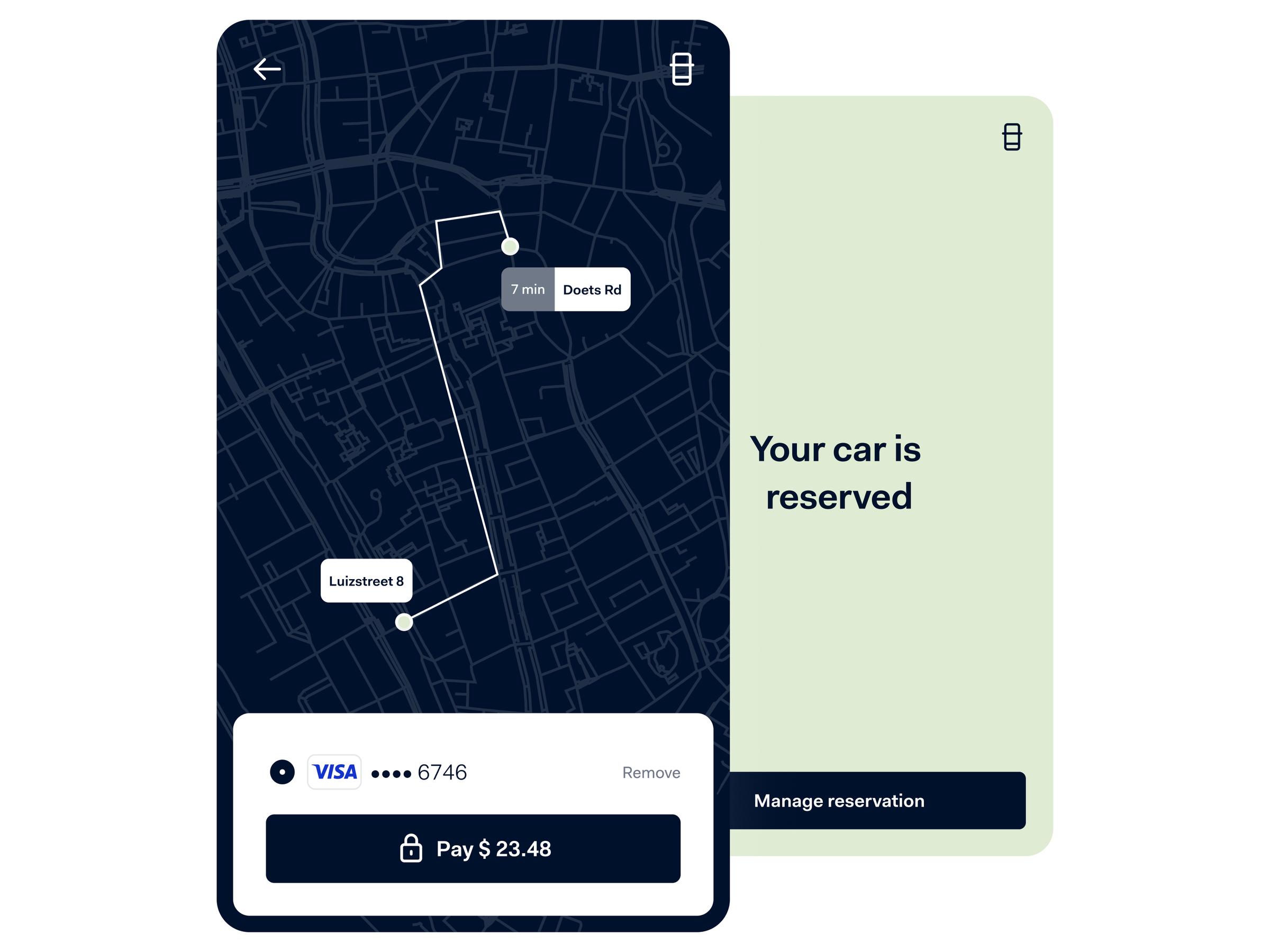 Smartphone screen showing a reservation confirmation for a car with a map and a Visa payment option.