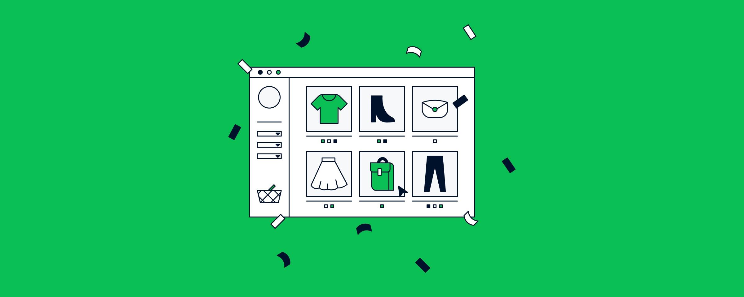 Stylized online shopping interface with various clothing items and an Adyen checkout option
