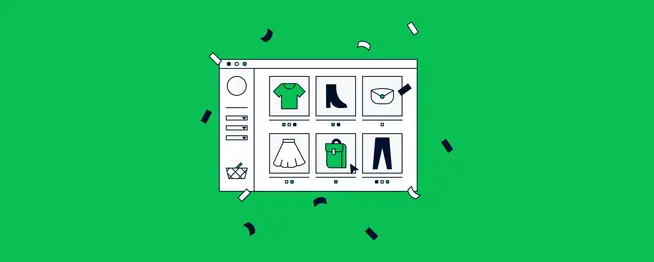 Stylized online shopping interface with various clothing items and an Adyen checkout option.