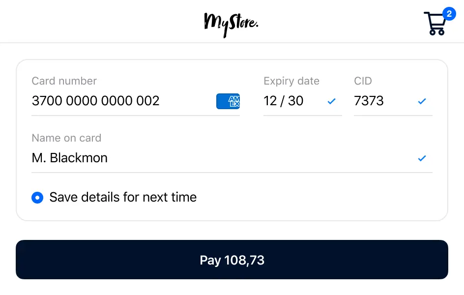 Pantalla de pago que muestra los detalles del pago con la opción de guardar la tarjeta y un botón para pagar 108,73.