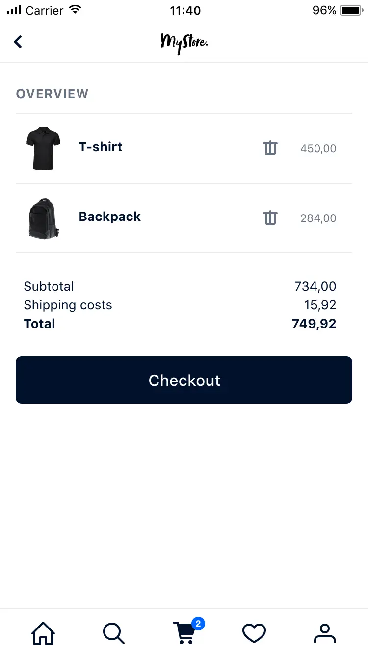Mobile shopping cart screen displaying items for purchase with a checkout button.