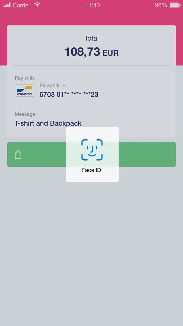 Mobile payment screen showing total amount due, card details, and Face ID verification prompt.