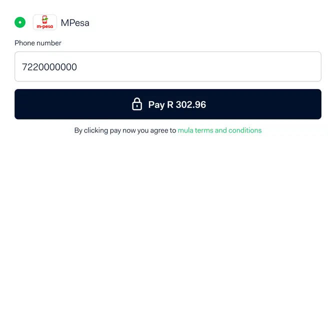 MPesa payment interface showing the phone number field and an option to pay R 302.96.