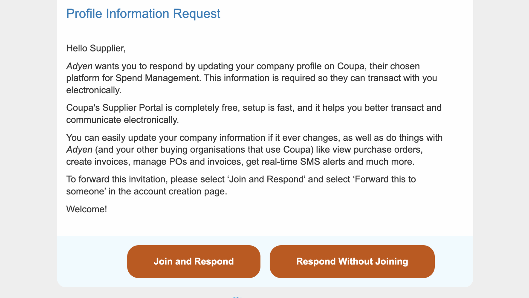 Screenshot of UI interface of vendor supplier portal Coupa