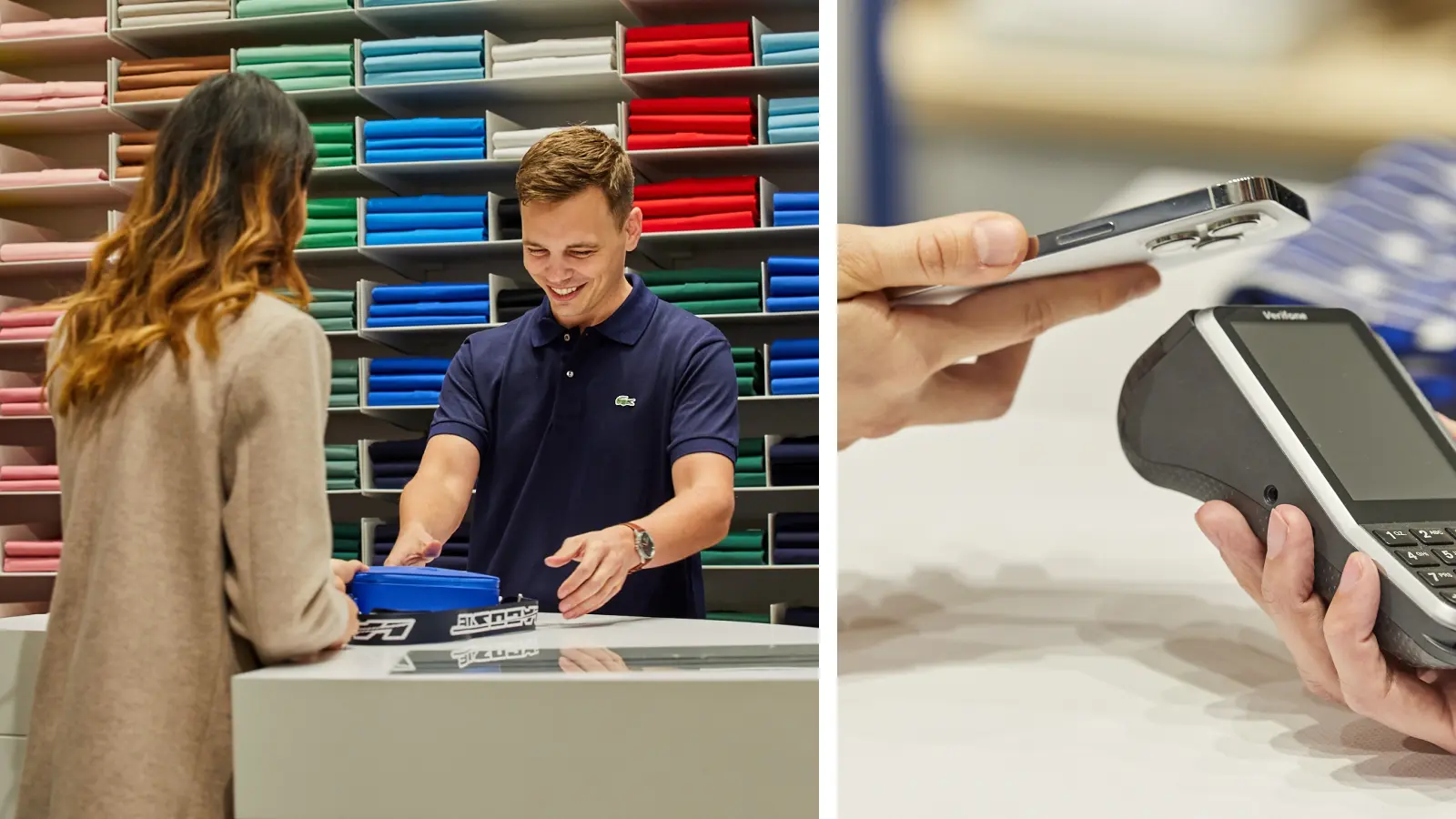 Customer and cashier by a display of colorful folders, and a close-up of mobile payment on a device