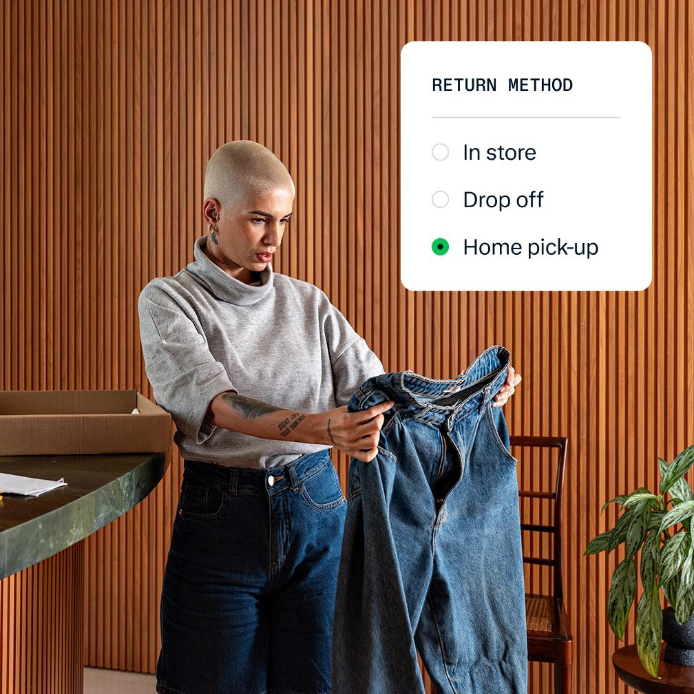 A woman looking at jeans with an overlay of a popup screen with return method options.