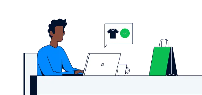 Illustrated person at a desk with a laptop and a confirmation notification for a purchase next to a shopping bag