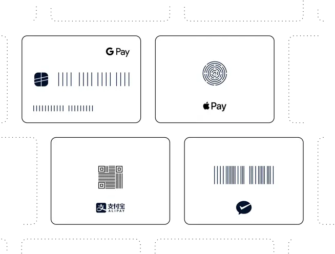 Uiteenlopende mobiele betaaldienstlogos, waaronder G Pay en Apple Pay met hun respectieve symbolen.